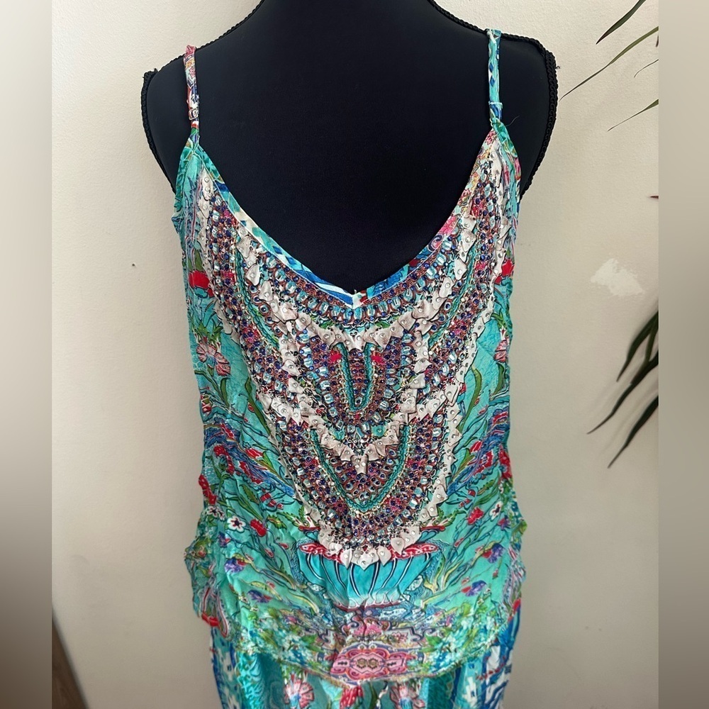 Printed silk BoHo vacation pant set beaded neckline blue floral paisley m/L - Picture 3 of 10